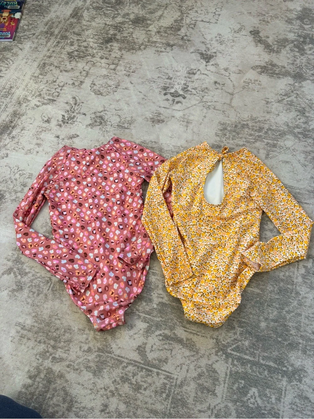 Girl’s Long Sleeve One-Piece Swimsuit Set of 2 Pink & Yellow Floral L (10/12)